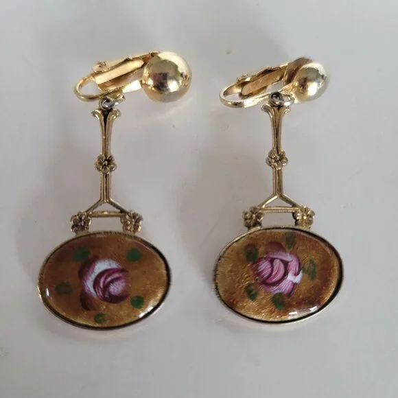 Art Noveau Cloissone Floral Dangle Drop Earrings Gold Tone - Picture 2 of 10